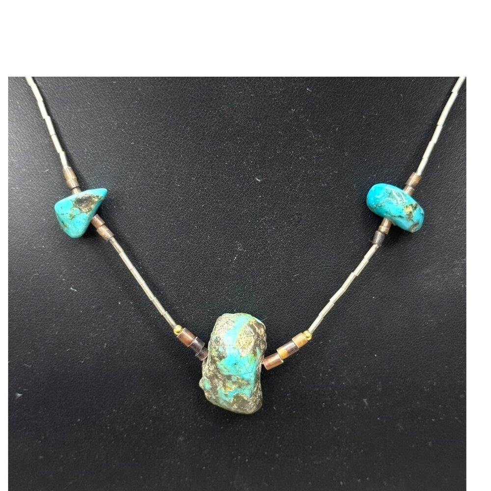 Vintage Turquoise Nugget Liquid Silver Heishi Beaded Necklace 17" Navajo Made